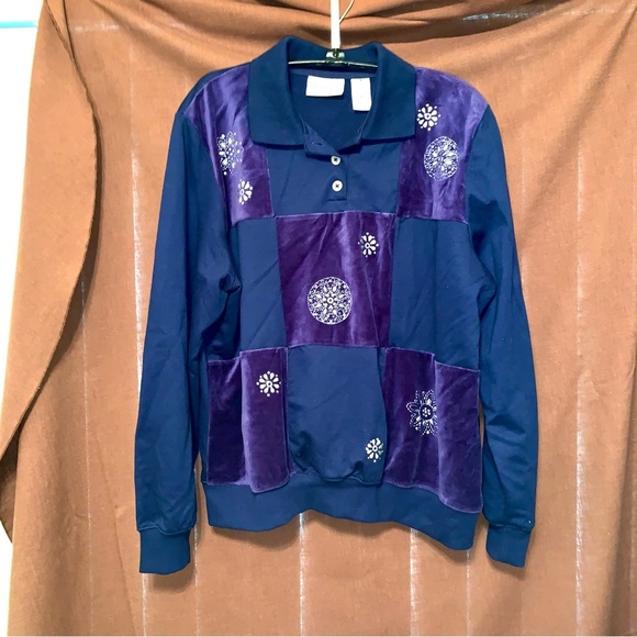 Vintage Dark Navy Blue & Purple Polo Style Sweatshirt & Velour Mix Top Medium - Picture 1 of 6